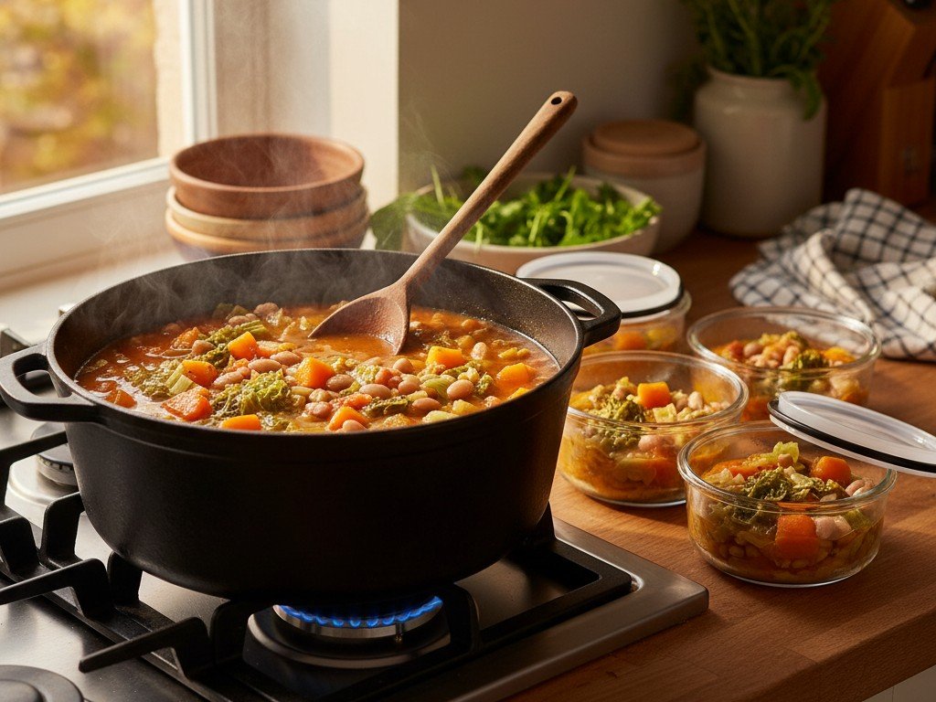Pentola di minestrone di verdure con zucca, fagioli, verza e porro accanto a porzioni pronte da congelare