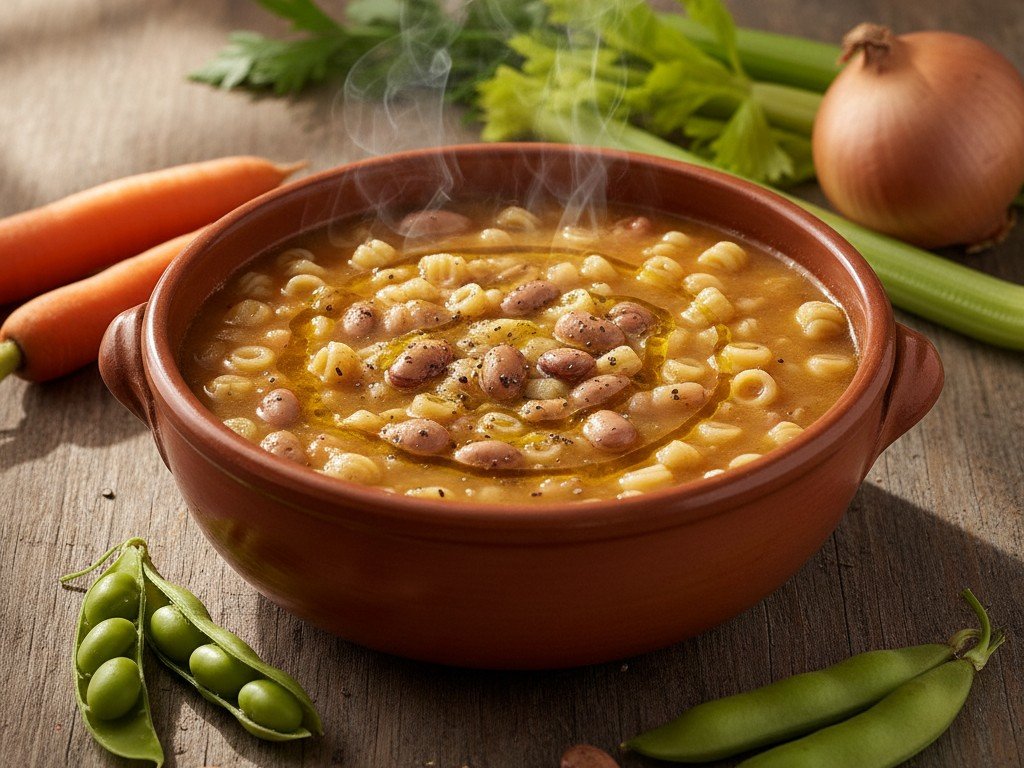 Piatto di pasta e fagioli con borlotti freschi, olio e pepe su tavolo di legno