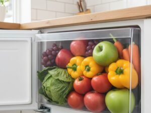 Cassetto del frigo pieno di frutta e verdura ancora fresca e soda dopo giorni, luce naturale