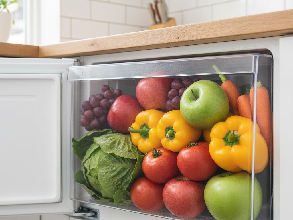 Cassetto del frigo pieno di frutta e verdura ancora fresca e soda dopo giorni, luce naturale