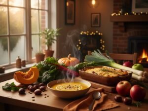 Zuppa di zucca fumante e teglia di verdure autunnali su tavolo di legno con luce serale calda
