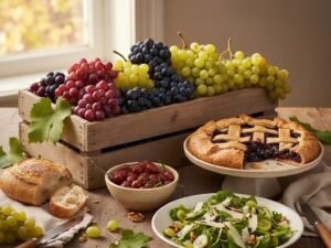 Tavola di vendemmia con uva fresca, crostata all'uva, uva arrostita e insalata con pecorino