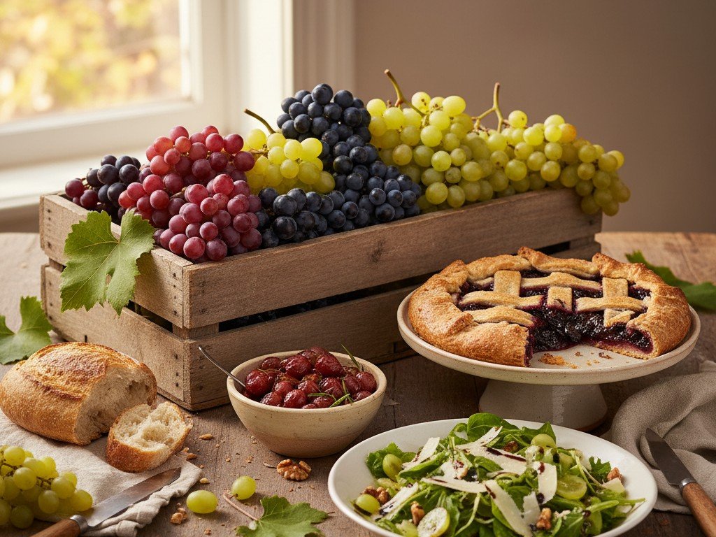 Tavola di vendemmia con uva fresca, crostata all'uva, uva arrostita e insalata con pecorino