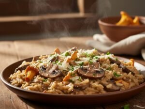 Piatto di risotto ai funghi cremoso con porcini e finferli su tavolo di legno