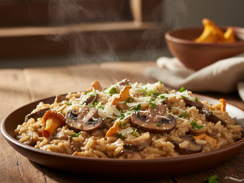Piatto di risotto ai funghi cremoso con porcini e finferli su tavolo di legno