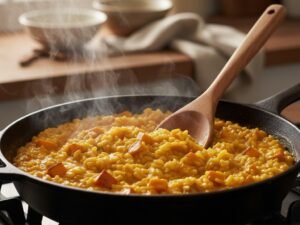 Risotto alla zucca cremoso mescolato in padella con cubetti di zucca e vapore caldo