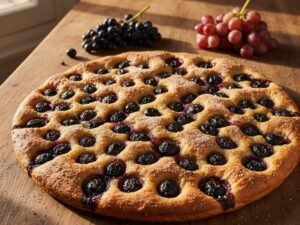 Schiacciata con l'uva fragola appena sfornata su tavolo di legno, con zucchero sopra e grappoli d'uva