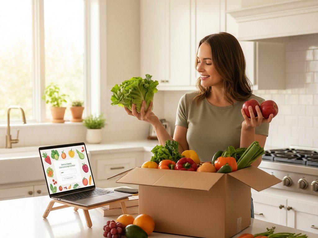 Persona che apre a casa una cassetta di frutta e verdura fresca ordinata online, luce naturale