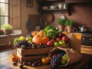 Cassetta di frutta e verdura d'autunno per il weekend lungo: zucca, castagne, mele, verza, cachi e uva su un tavolo di cucina