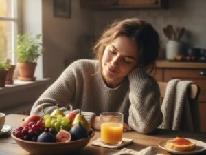 Colazione con frutta di stagione su un tavolo luminoso a settembre per contrastare la stanchezza