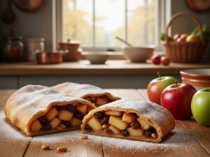 Strudel di mele appena sfornato e affettato, con ripieno di mele, uvetta, pinoli e cannella, spolverato di zucchero a velo