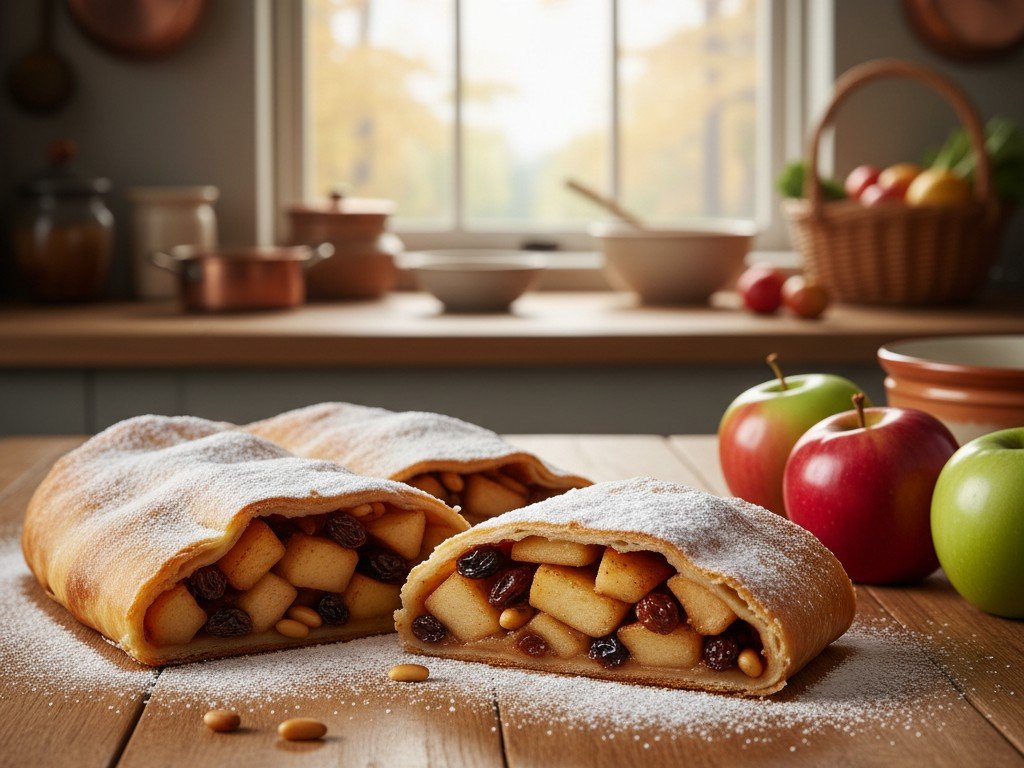 Strudel di mele appena sfornato e affettato, con ripieno di mele, uvetta, pinoli e cannella, spolverato di zucchero a velo