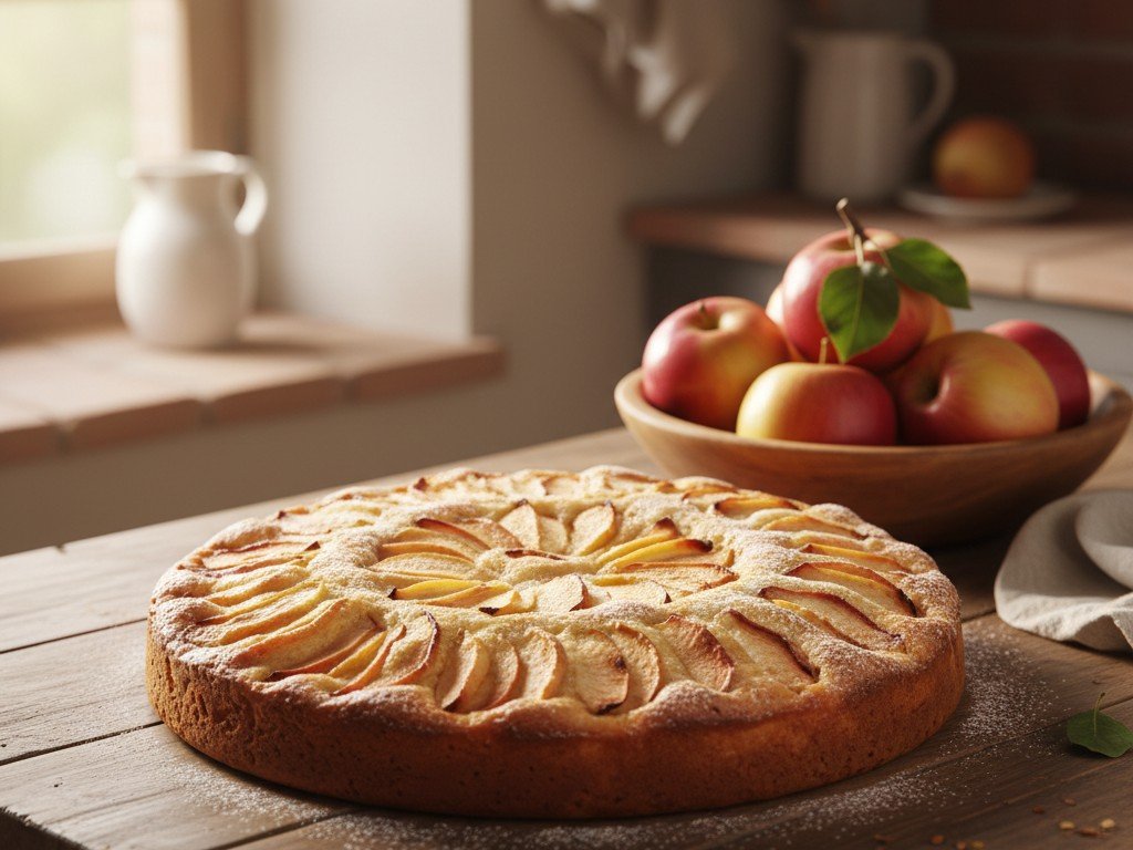 Torta di mele appena sfornata con fette a spirale sul tavolo di legno, accanto una ciotola di mele fresche