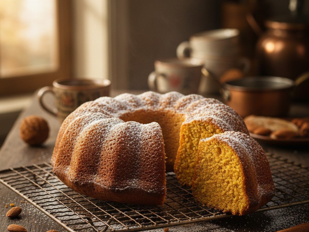 Torta di zucca soffice appena sfornata con zucchero a velo, cannella e mandorle, fetta tagliata che mostra l'interno umido