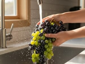 Mani lavano un grappolo d'uva fresca sotto l'acqua corrente in una cucina luminosa