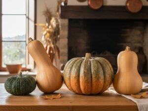 Quattro varietà di zucca a confronto: delica, violina, mantovana e butternut su un tavolo di legno