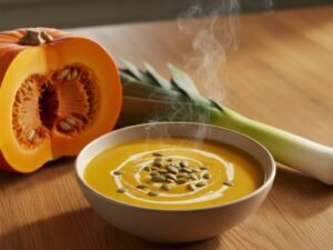 Vellutata di zucca cremosa in una ciotola con semi di zucca, zucca fresca e porro su tavolo di legno