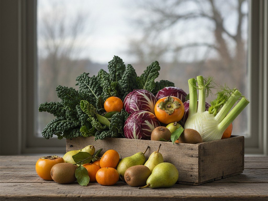 Cassetta con verdura di novembre: cavolo nero, radicchio, finocchi, cachi, clementine, kiwi e pere