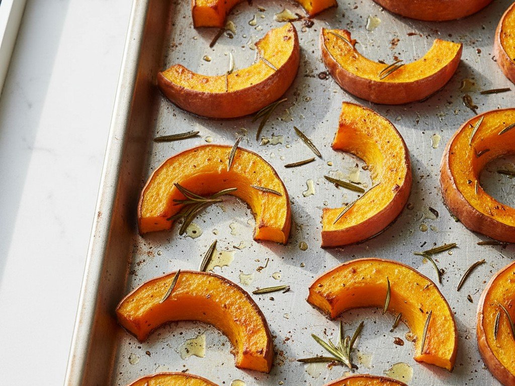 Spicchi di zucca al forno dorati e caramellati distribuiti in un solo strato sulla teglia