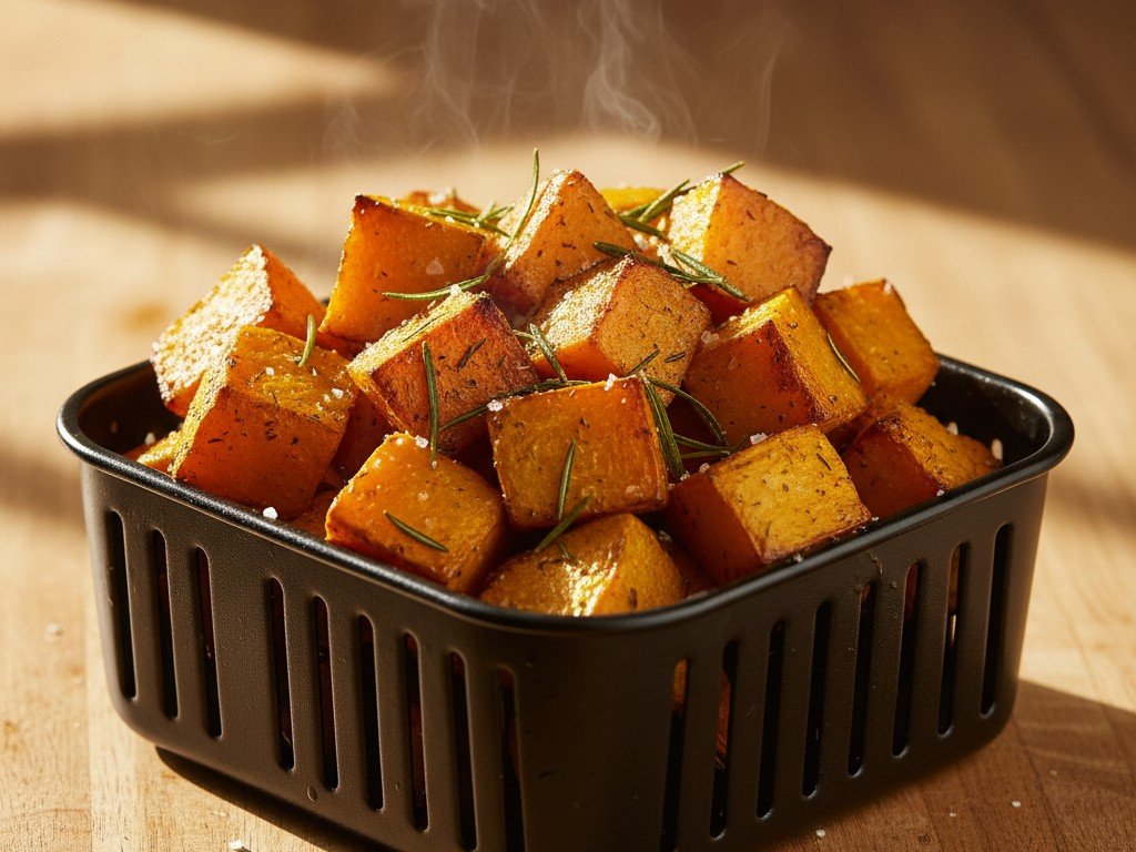 Cubetti di zucca dorati e croccanti appena usciti dal cestello della friggitrice ad aria con rosmarino