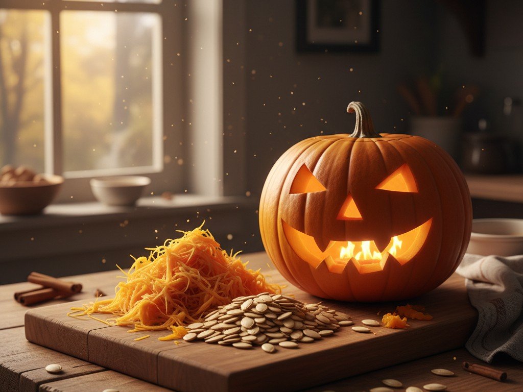 Zucca di Halloween intagliata accanto a polpa e semi freschi pronti da cucinare